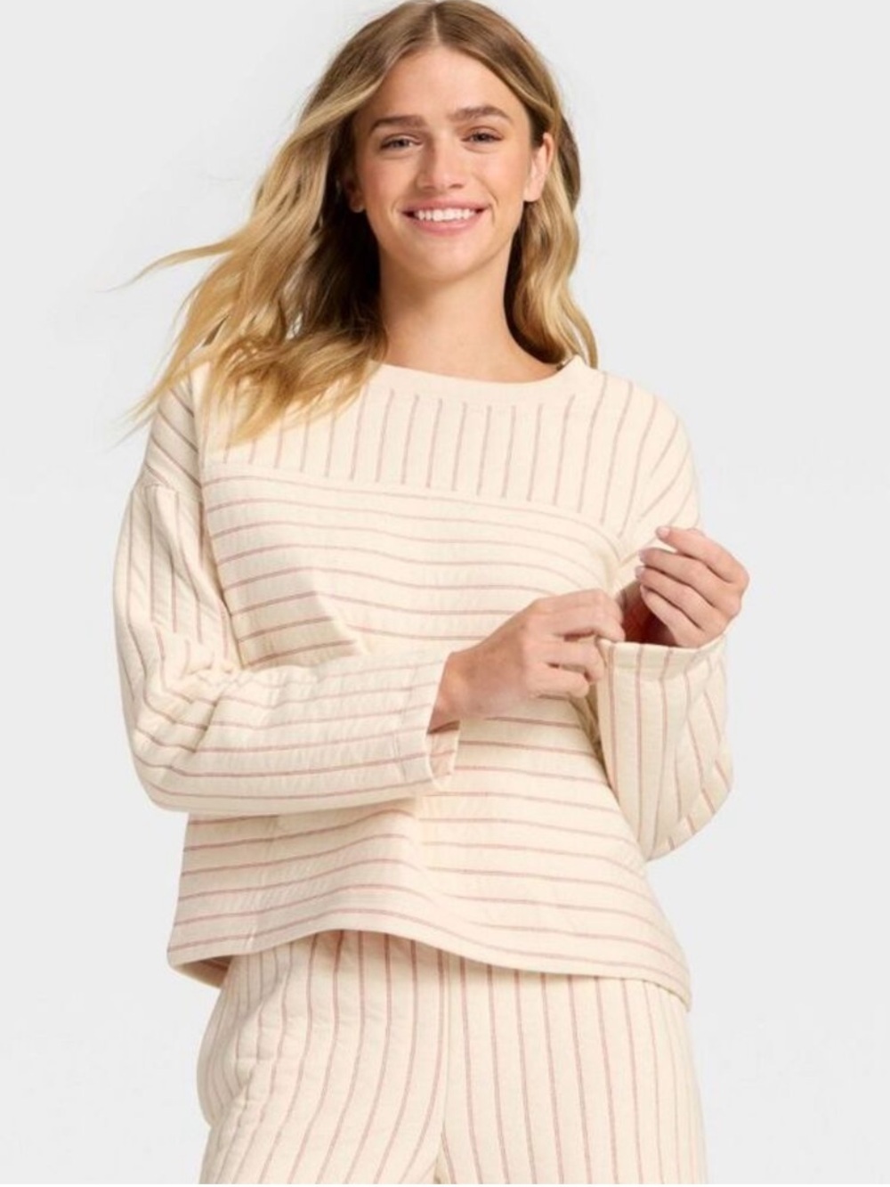 ♥️Soft Quilted Striped Boxy Crewneck Sweatshirt in Cream & Red by Auden